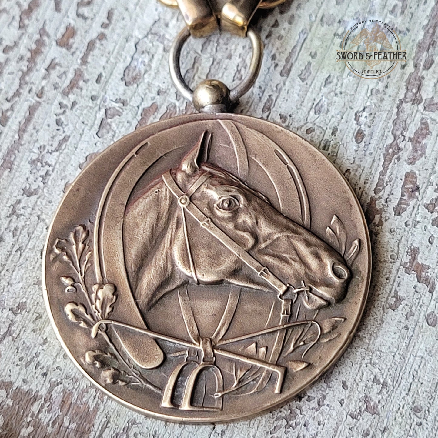 Vintage Equestrian Medallion Necklace, antique Dutch Equestrian medal, solid brass elongated station chain, fancy swivel lobster clasp, bohemian chic necklace