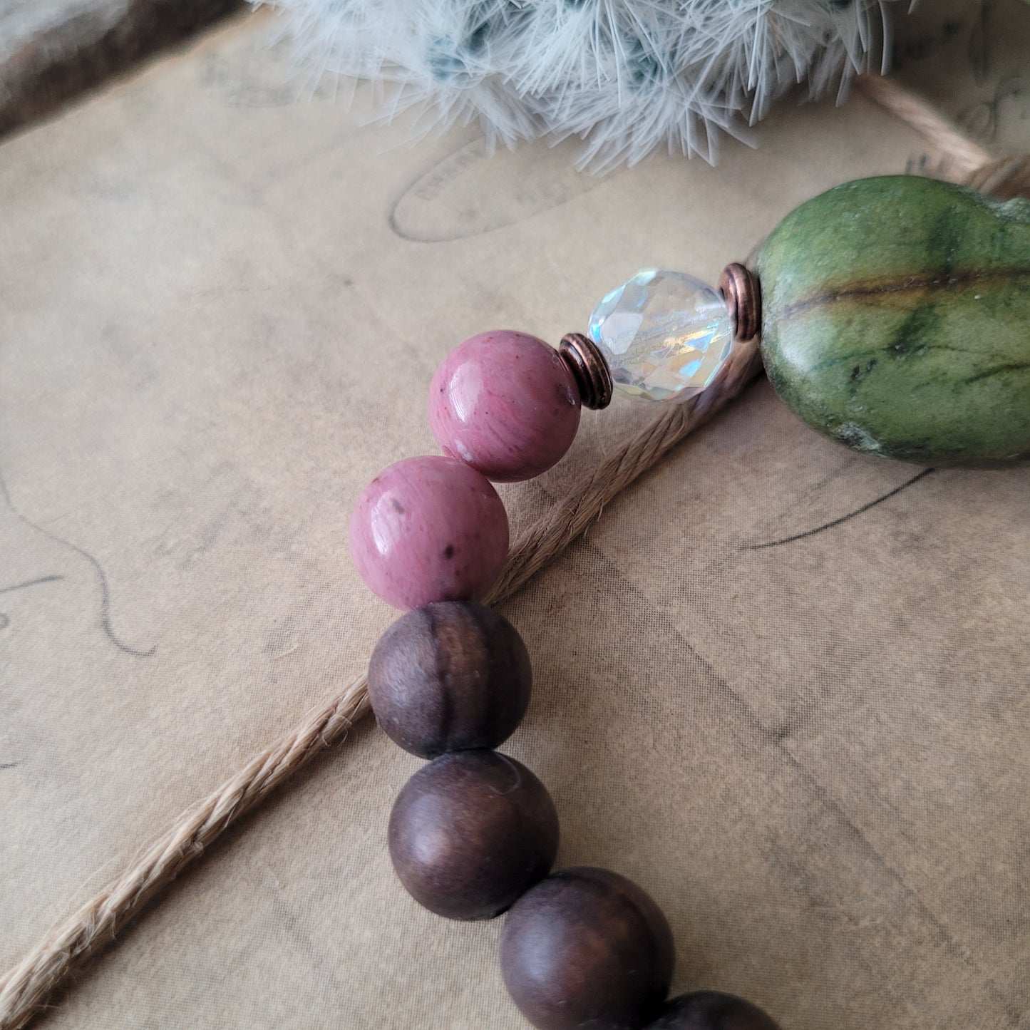 Dusty Rose boho bracelet, rose Rhodonite, olive wood from Bethlehem, green Howlite stone,