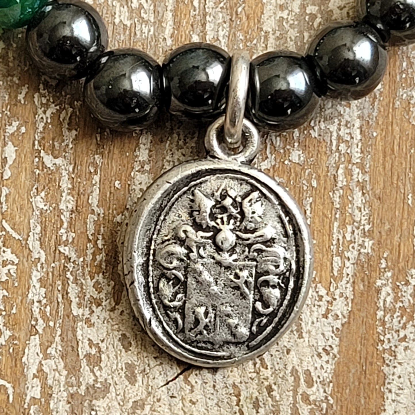 Mystic Emerald Gunmetal boho chic bracelet with Family Shield charm, mystic agate and black Hematite beads, brass Pave CZ focal bead, boho bracelet