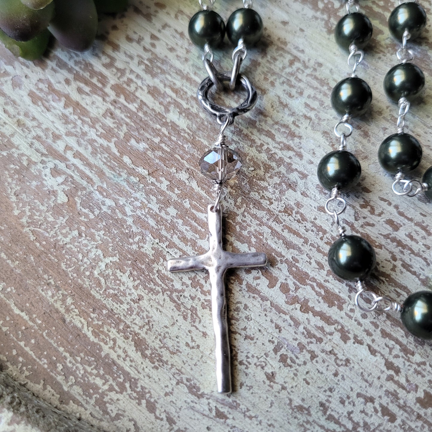 Moss Green Pearl Cross Necklace