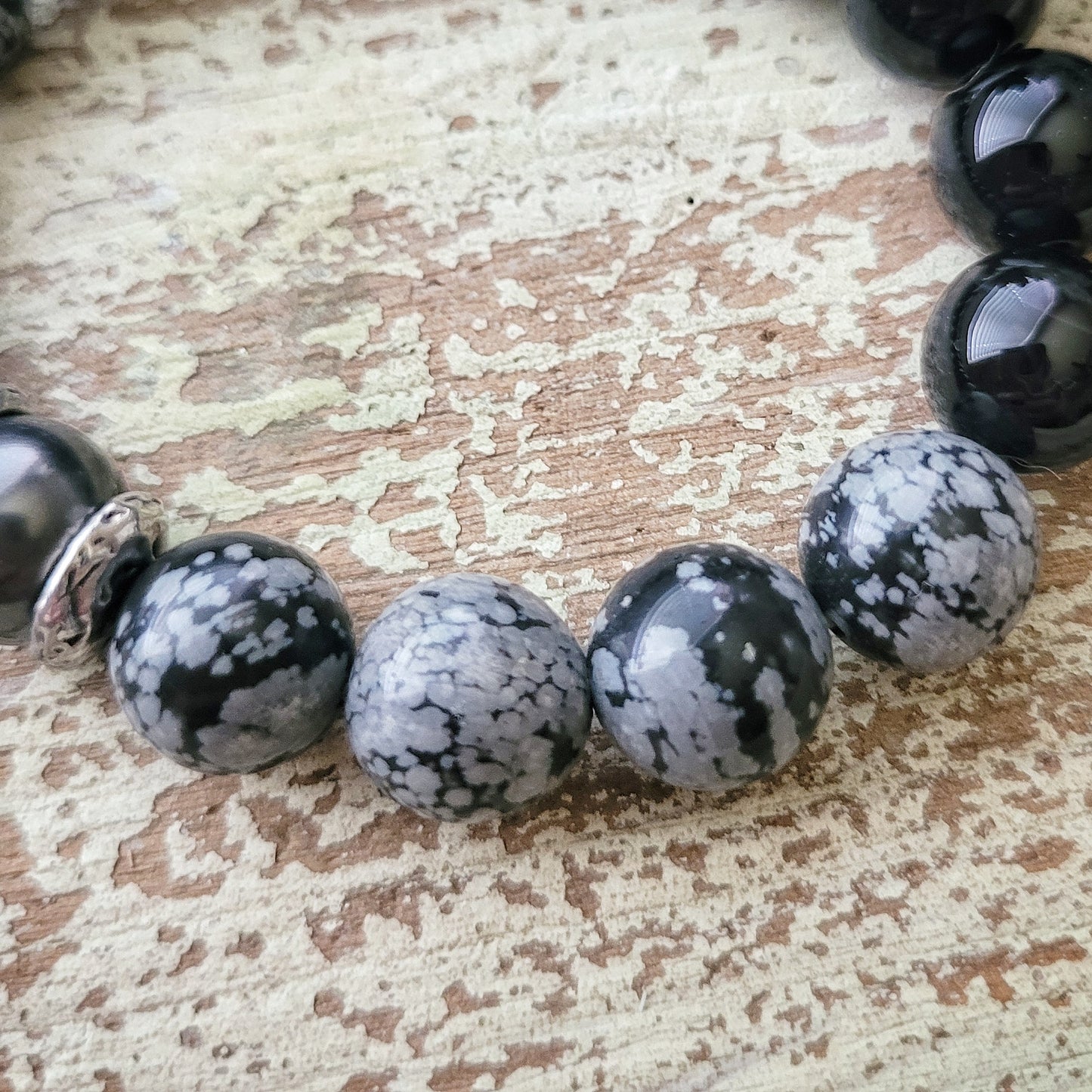 Ashes, Ashes - Chunky Boho stretch bracelet, Snowflake Obsidian and black Onyx beads, Swarovski gray focal pearl, black and gray boho chic bracelet