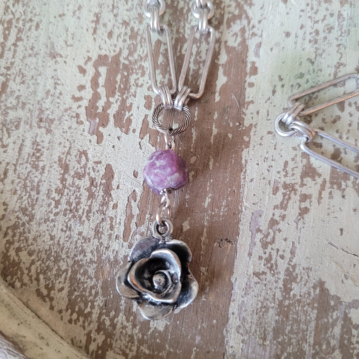 Silver Rose with Raw Ruby Nugget necklace