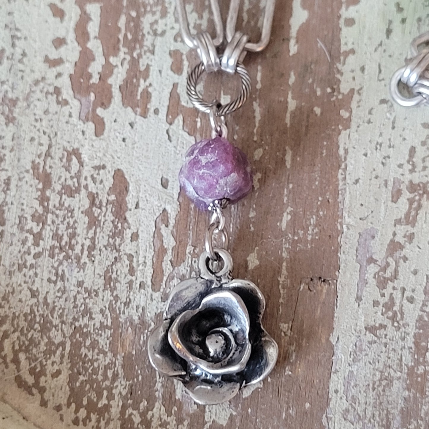 Silver Rose with Raw Ruby Nugget necklace