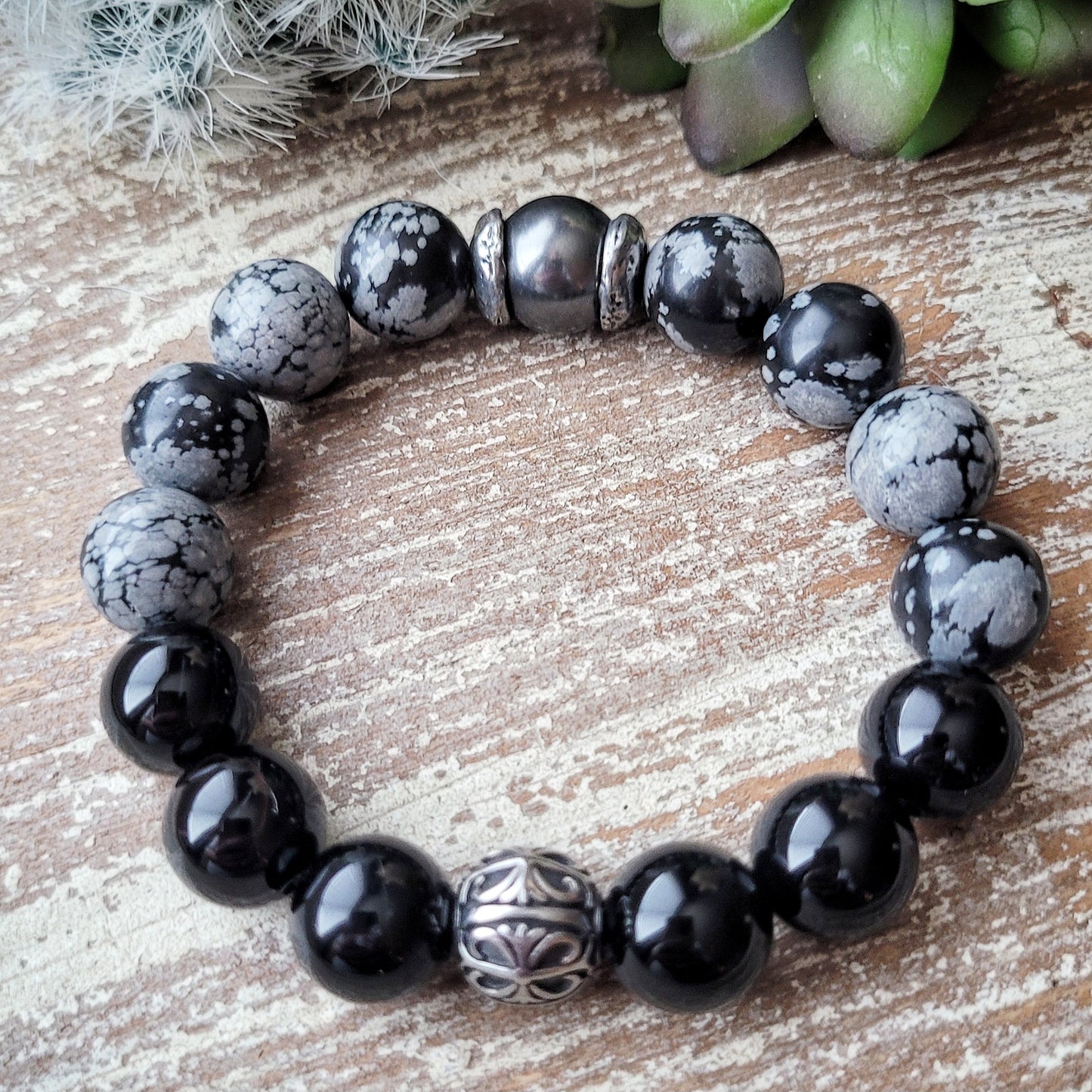 Ashes, Ashes - Chunky Boho stretch bracelet, Snowflake Obsidian and black Onyx beads, Swarovski gray focal pearl, black and gray boho chic bracelet