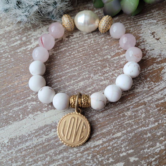 Artisan Pink & White Pearl Love charm bracelet