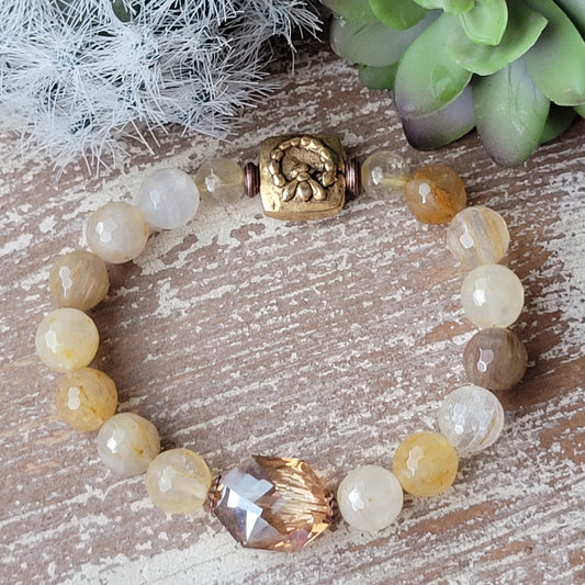 Crystal Honey Bee boho stretch bracelet, gold Rhutilated quartz, gold pewter honey bee bead
