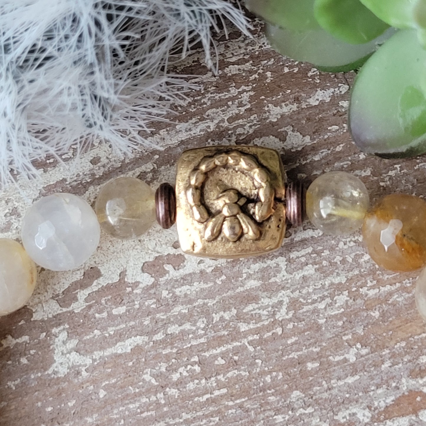 Crystal Honey Bee boho stretch bracelet, gold Rhutilated quartz, gold pewter honey bee bead