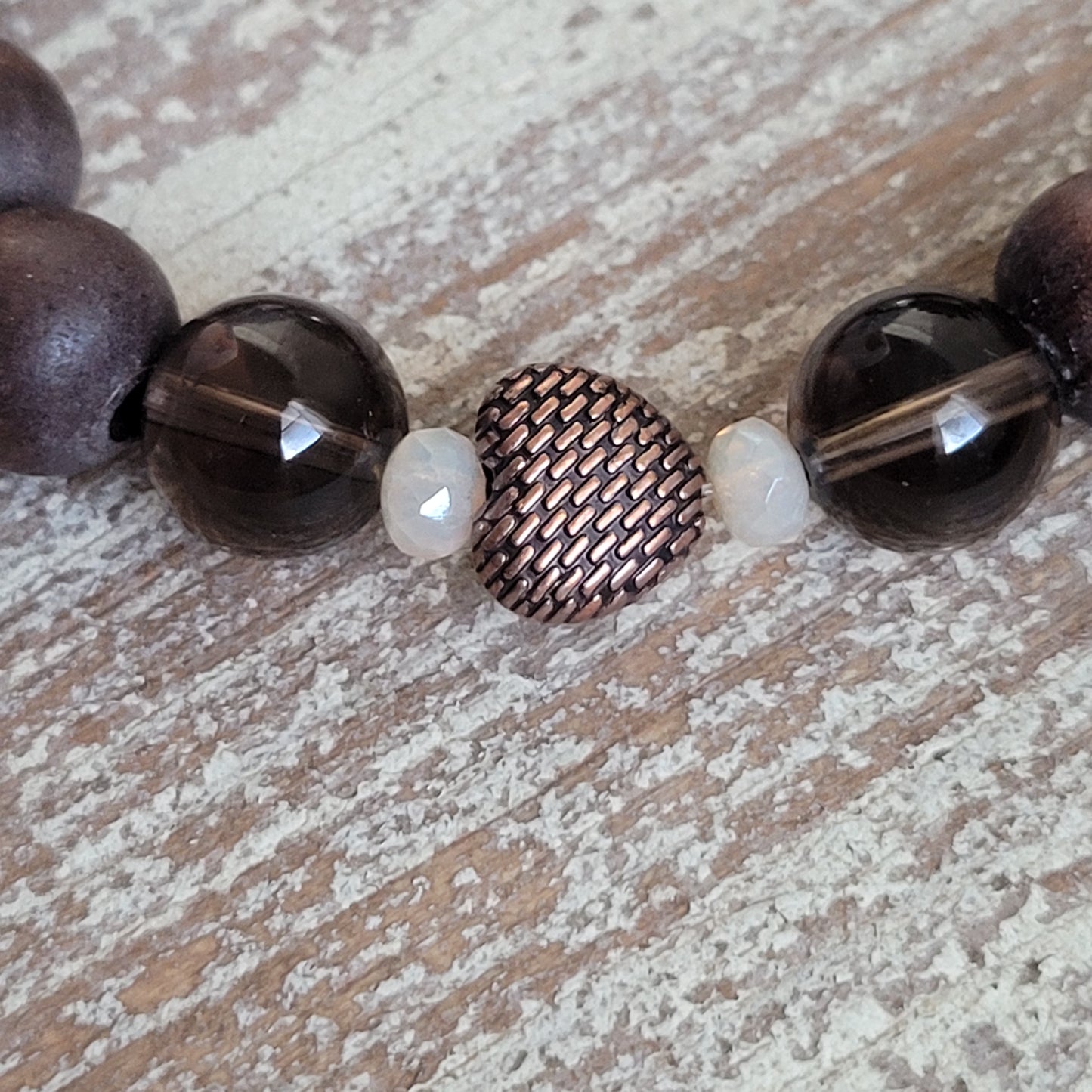 Peach Smoke, Boho Chic bracelet, freshwater pearl, Sunstone, Smoky quartz and wood beads.