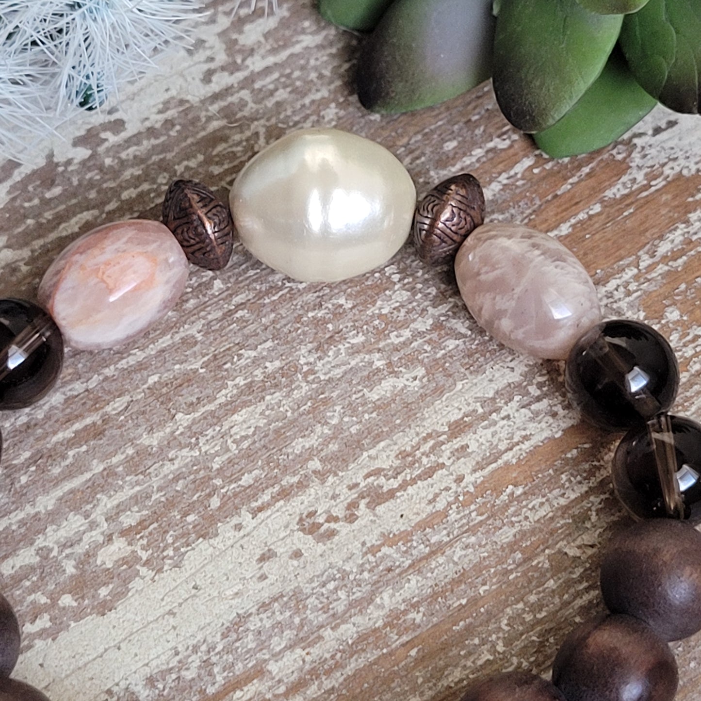 Peach Smoke, Boho Chic bracelet, freshwater pearl, Sunstone, Smoky quartz and wood beads.