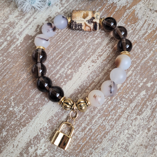 Flowers and Smoke boho chic stretch bracelet, smoky quartz, Montana flower agate, gold lock charm, boho bracelet