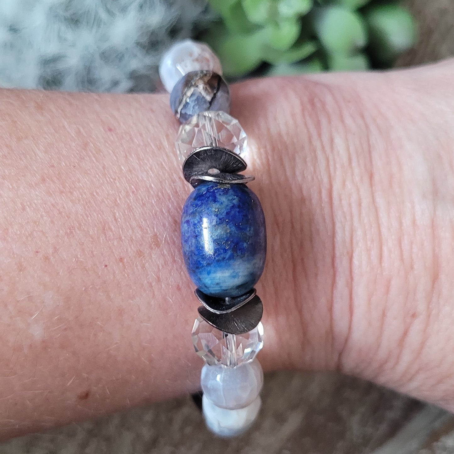 Blue Heart, Artisan Bohemian Lapis and Silver Heart Charm stretch bracelet