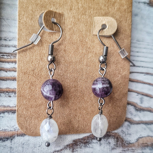 BOHO AMETHYST AND MOONSTONE EARRINGS, faceted Chevron Amethyst beads and faceted oval Rainbow Moonstone bead earrings