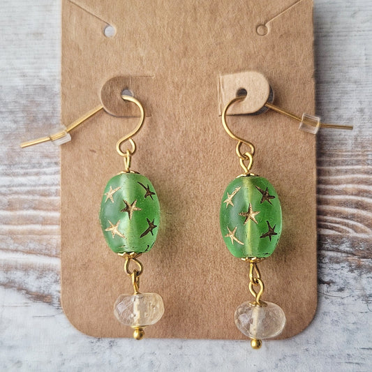 Boho Celery Green Starred Dangle Earrings, green starred Czech glass beads and gold quartz rondelle earrings