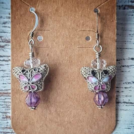 Vintage Boho Butterfly Earrings, Plum Czech beads and vintage Cloisonne' filigree butterfly bead earrings