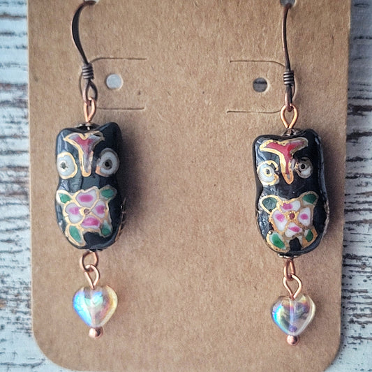 VINTAGE CLOISONNE' OWL EARRINGS, antique copper, black vintage Cloisonne beads, iridescent Czech heart bead earrings