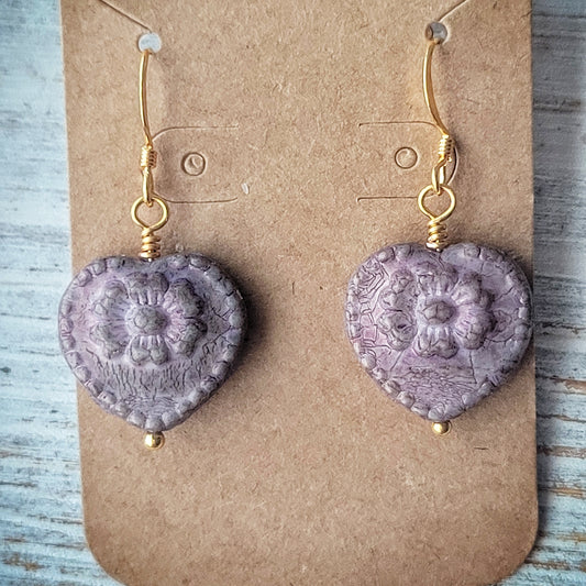 BOHO LAVENDER ROSE HEARTS EARRINGS, gold washed purple Spanish rose Czech glass heart earrings