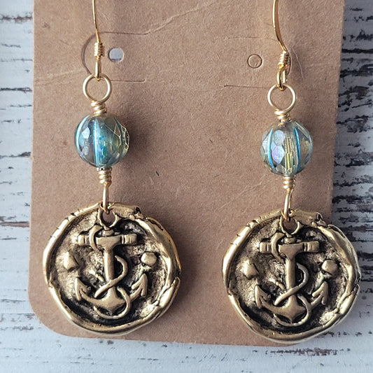 OCEAN BLUE RUSTIC ANCHOR EARRINGS,  faceted Czech glass melon beads, rustic gold- plated pewter anchor charm earrings,  boho style