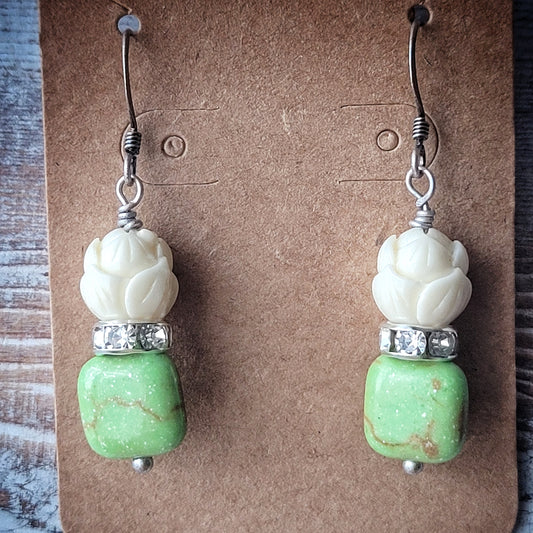 GREEN LOTUS EARRINGS, Boho chic earrings, green turquoise, white Lotus, cubic zirconia earrings