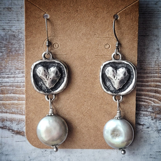 HEARTS AND PEARL EARRINGS, Boho chic earrings, hammered antique silver-plated pewter heart and silver freshwater coin pearl earrings