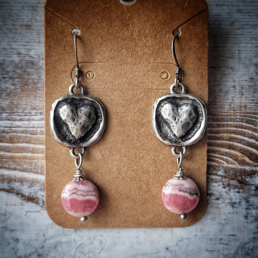 HEARTS and RHODOCROSITE EARRINGS, silver-plated pewter hammered heart and Rhodochrosite gemstone earrings
