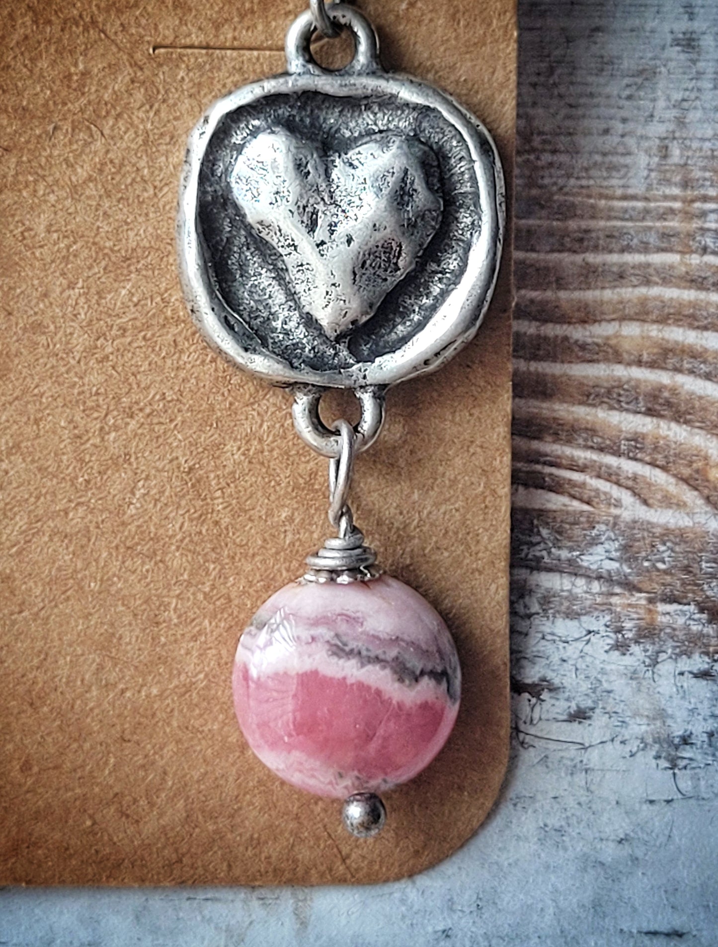 HEARTS and RHODOCROSITE EARRINGS, silver-plated pewter hammered heart and Rhodochrosite gemstone earrings