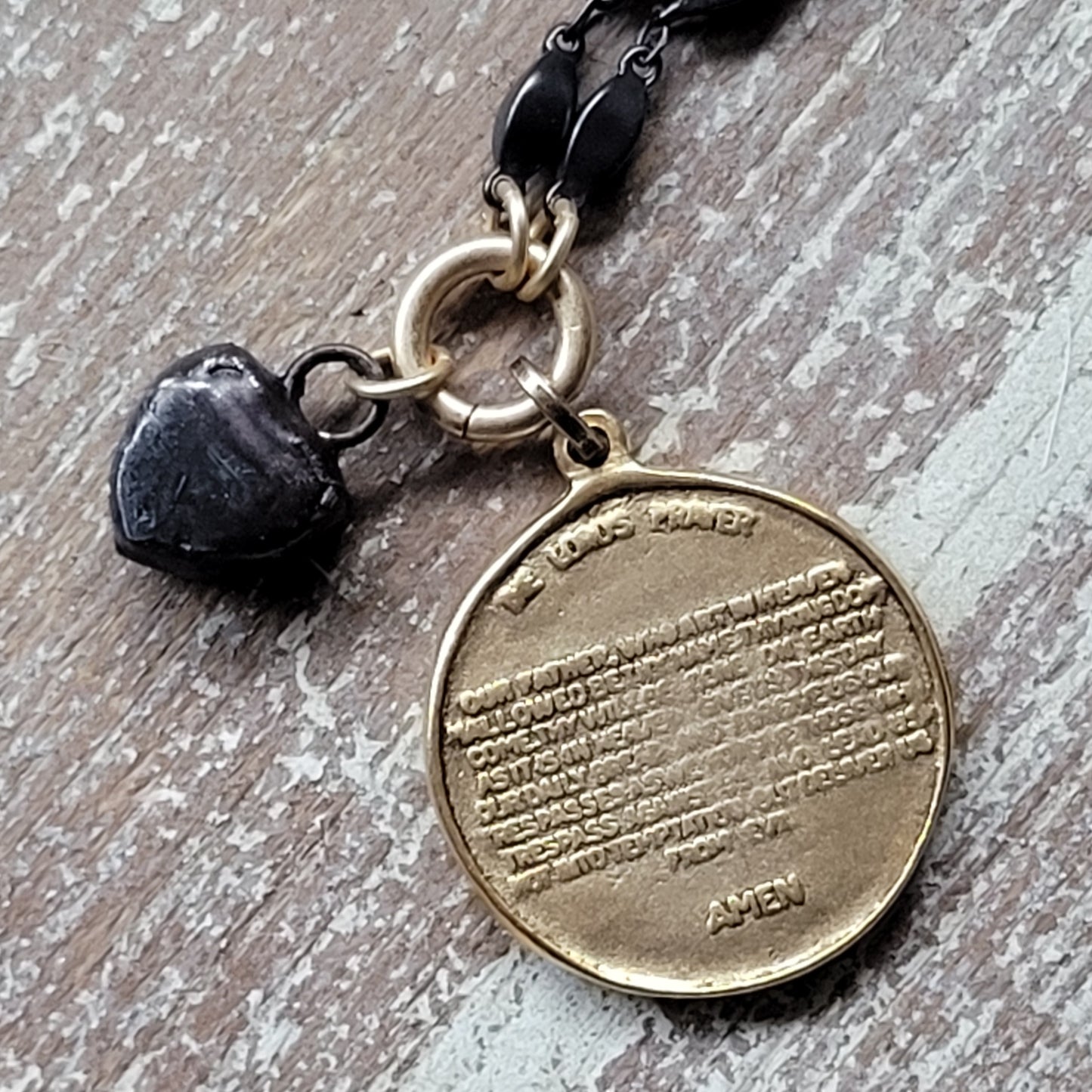 Lord's Prayer Necklace, rustic Boho chic medallion necklace, mixed metal necklace, heart charm, rustic style