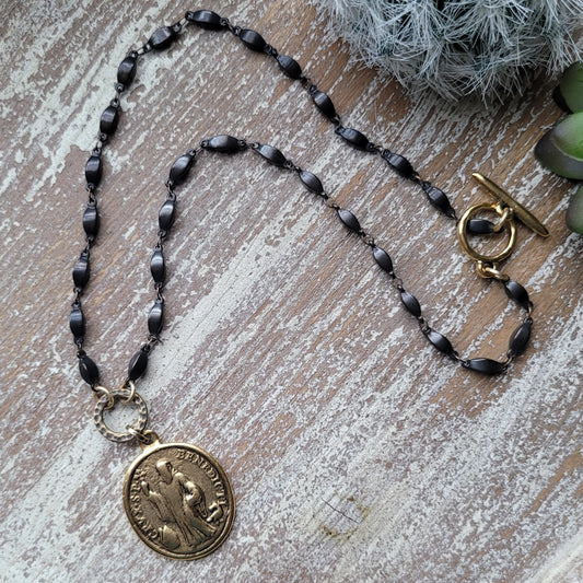 Rustic St Benedict necklace, boho Artisan crafted 18k gold plated pewter pendant, dark brass lantern chain