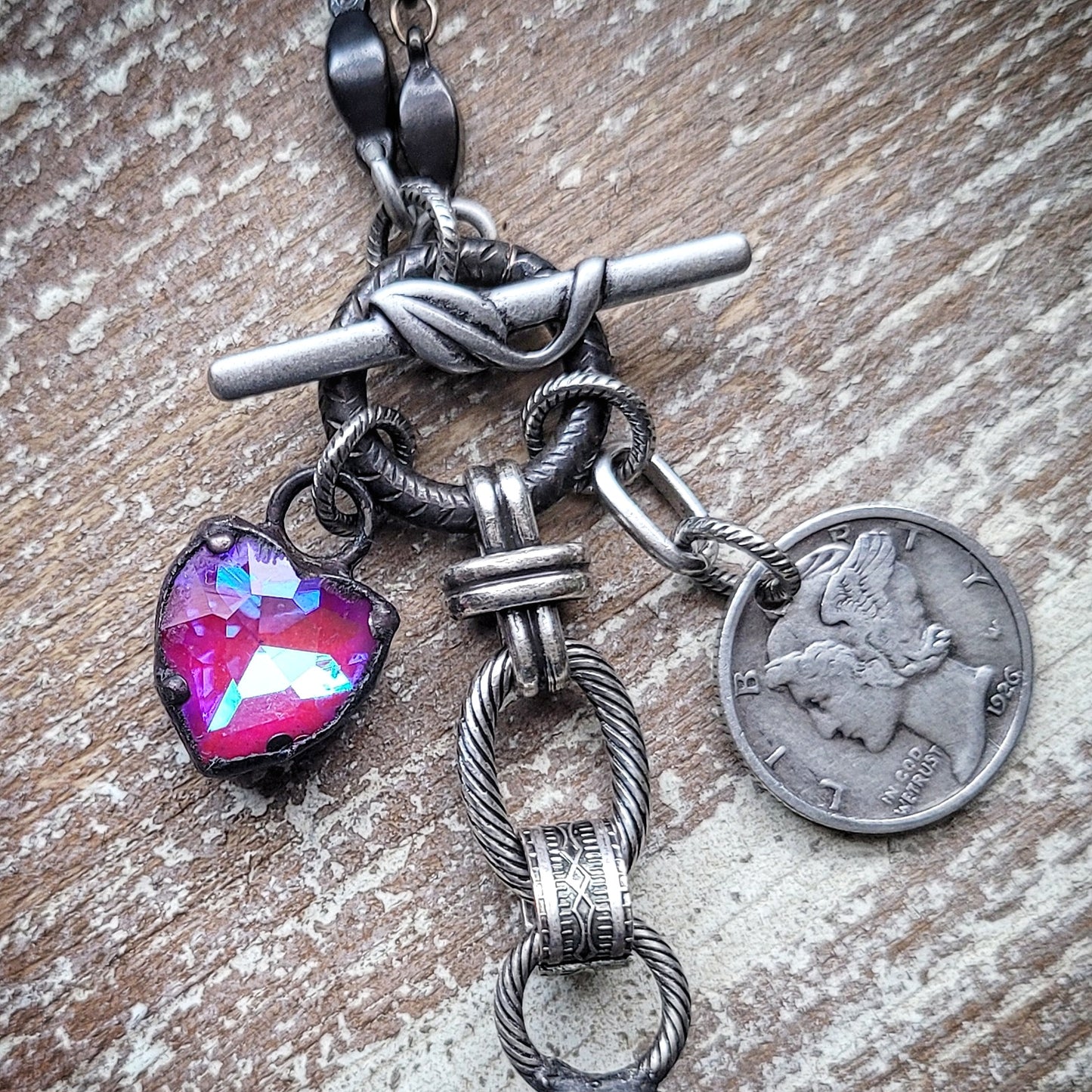 Rustic Liberty Cross necklace, vintage Mercury Dime, soldered pink heart charm rustic Boho necklace