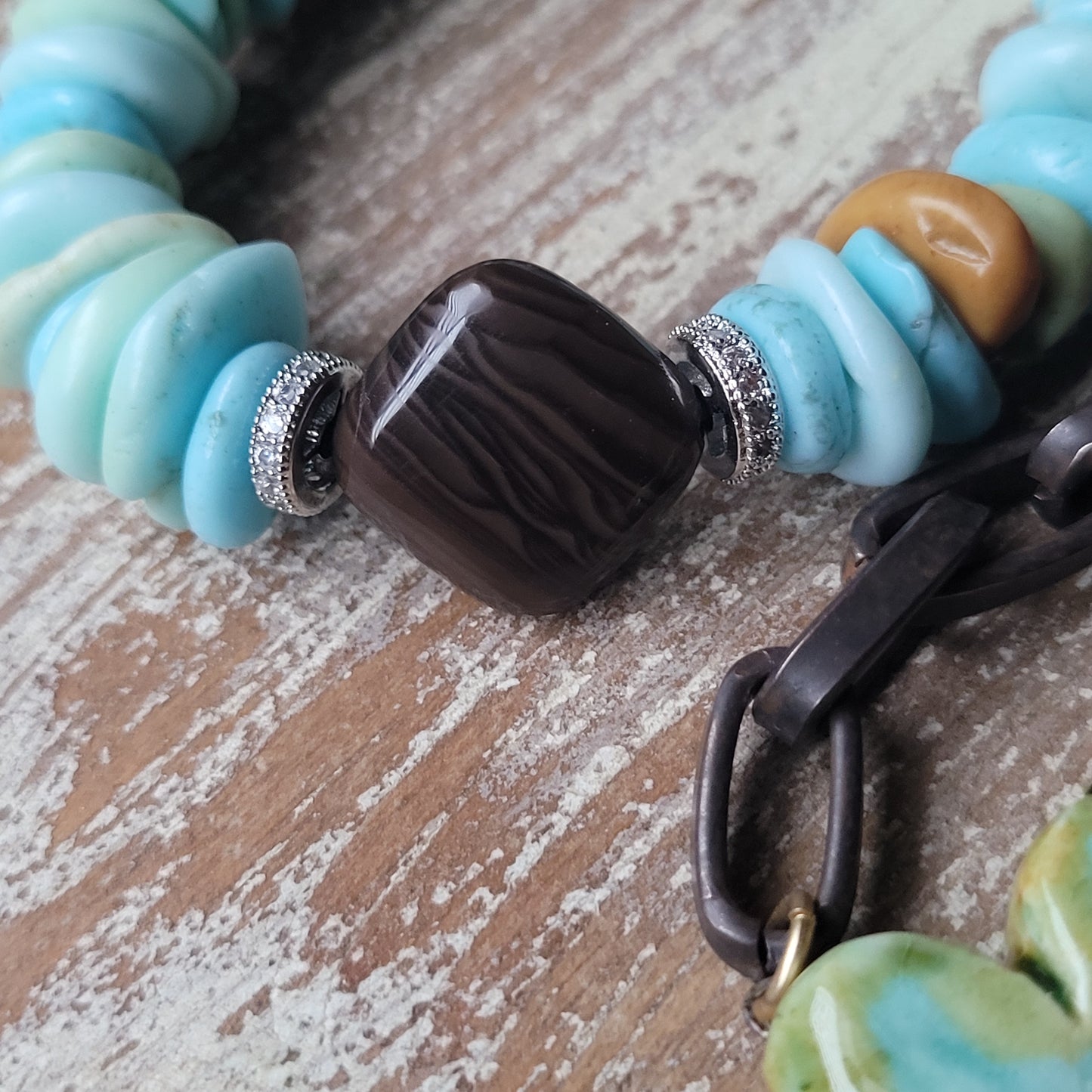 Turquoise Love Bracelet Set, boho chic turquoise magnesite, coffee Jasper,  pave cz rondelles, rustic cable chain bracelet