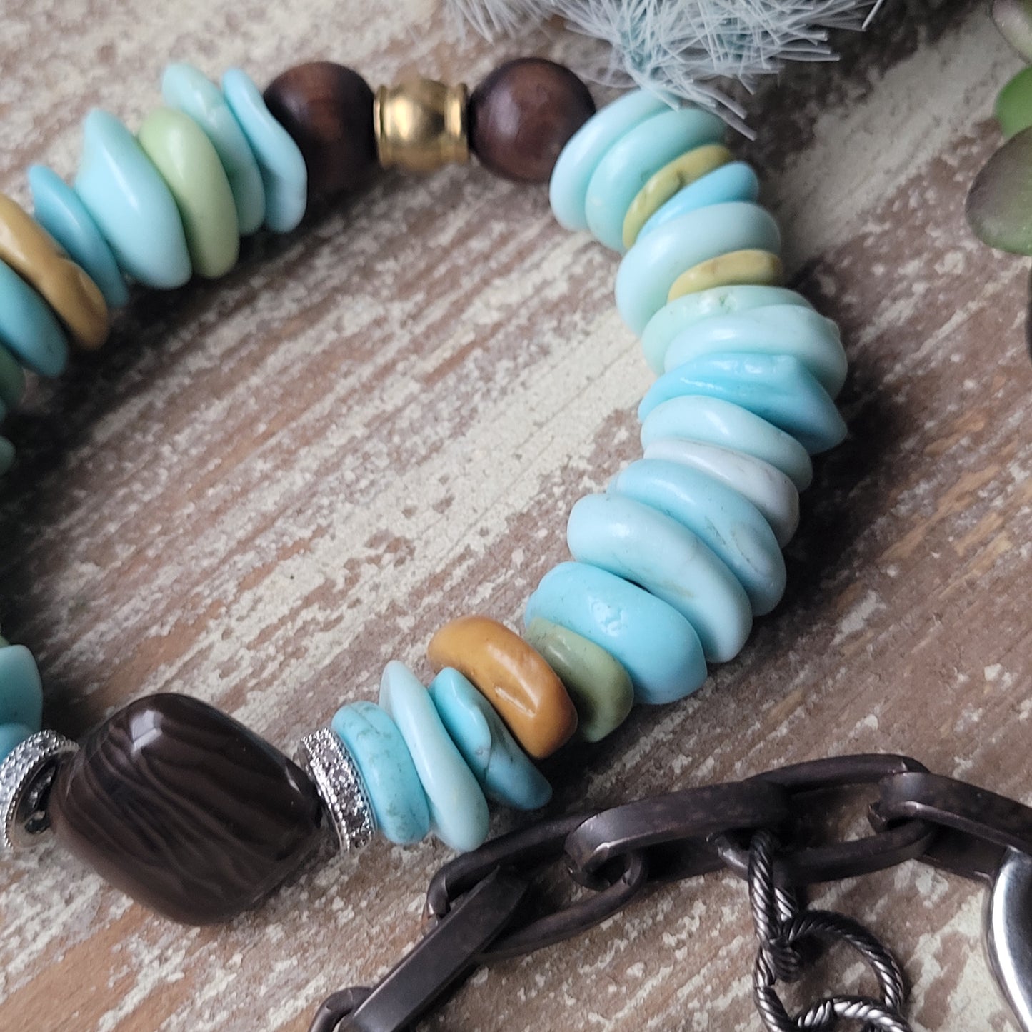 Turquoise Love Bracelet Set, boho chic turquoise magnesite, coffee Jasper,  pave cz rondelles, rustic cable chain bracelet