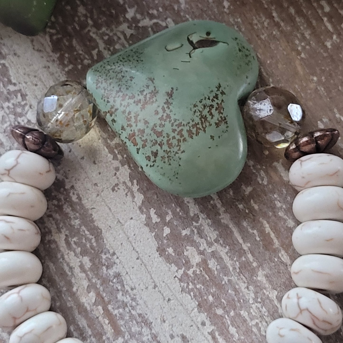 Cracker Jack Heart, boho chic bracelet, green ceramic focal heart, white turquoise magnesite beads, Vintage copper Cracker Jack horse charm, vintage horse bracelet