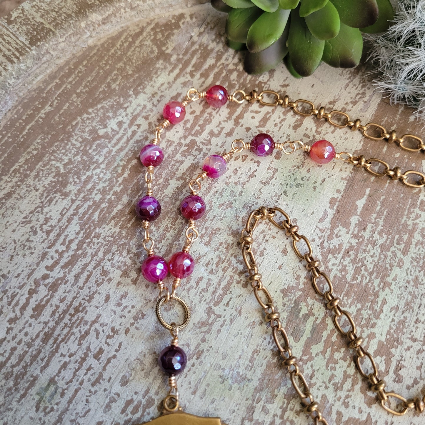 Strength and Grace boho chic necklace, vintage shooting medal with angel statue, pink mystic agate beads