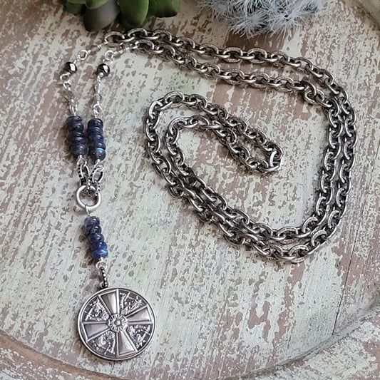 Order of the White Rose necklace, boho chic WWII Finnish War medal, lions with crown, blue Spectrolite beads, etched silver chain, long necklace
