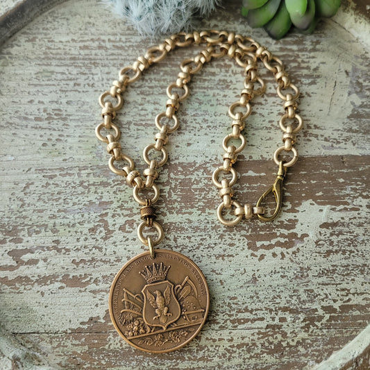 Early 1900's Swedish Ag Medal, brass medallion necklace, boho chic medal necklace