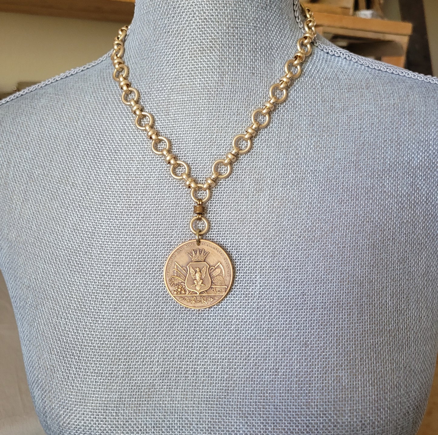 Early 1900's Swedish Ag Medal, brass medallion necklace, boho chic medal necklace