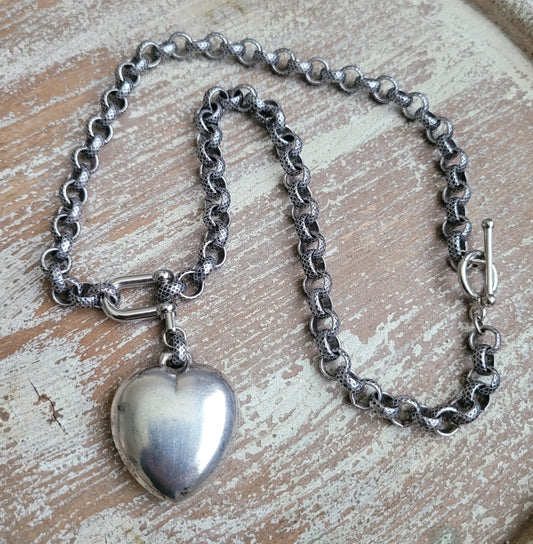 Silver Puffy Heart necklace, sterling vintage baby rattle, rustic heart necklace