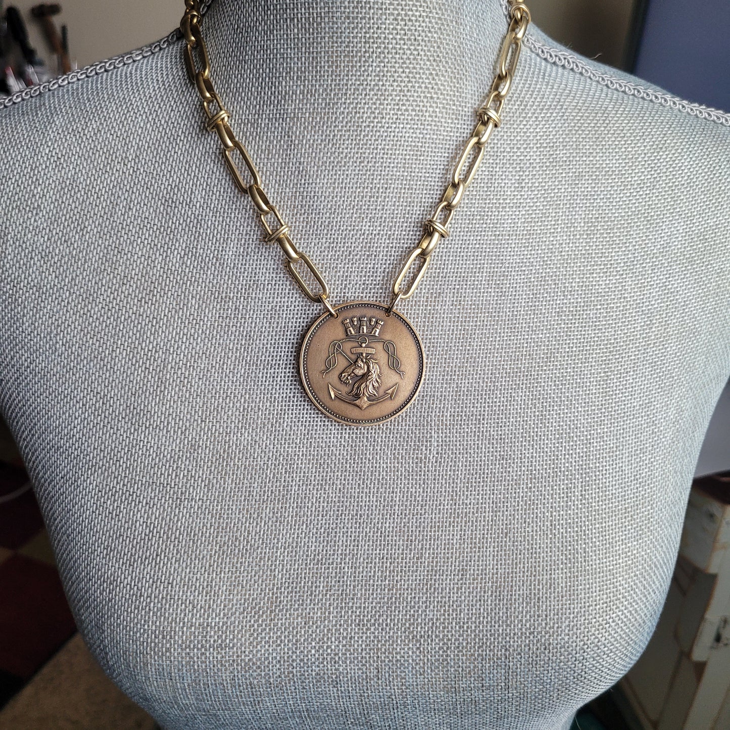 French Shipbuilding Unicorn Medal, boho brass Unicorn/Anchor/ Crown medallion,  medallion necklace