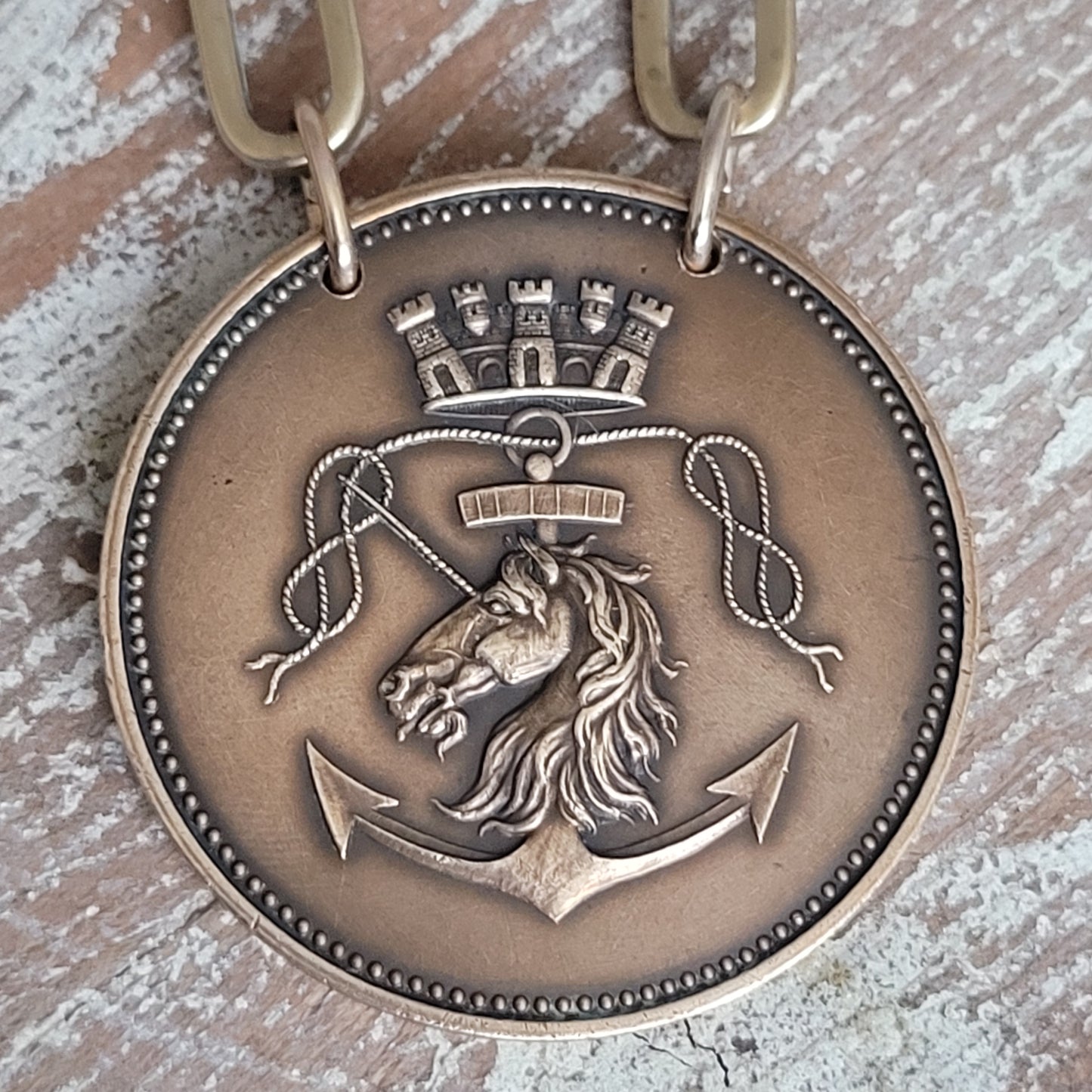 French Shipbuilding Unicorn Medal, boho brass Unicorn/Anchor/ Crown medallion,  medallion necklace