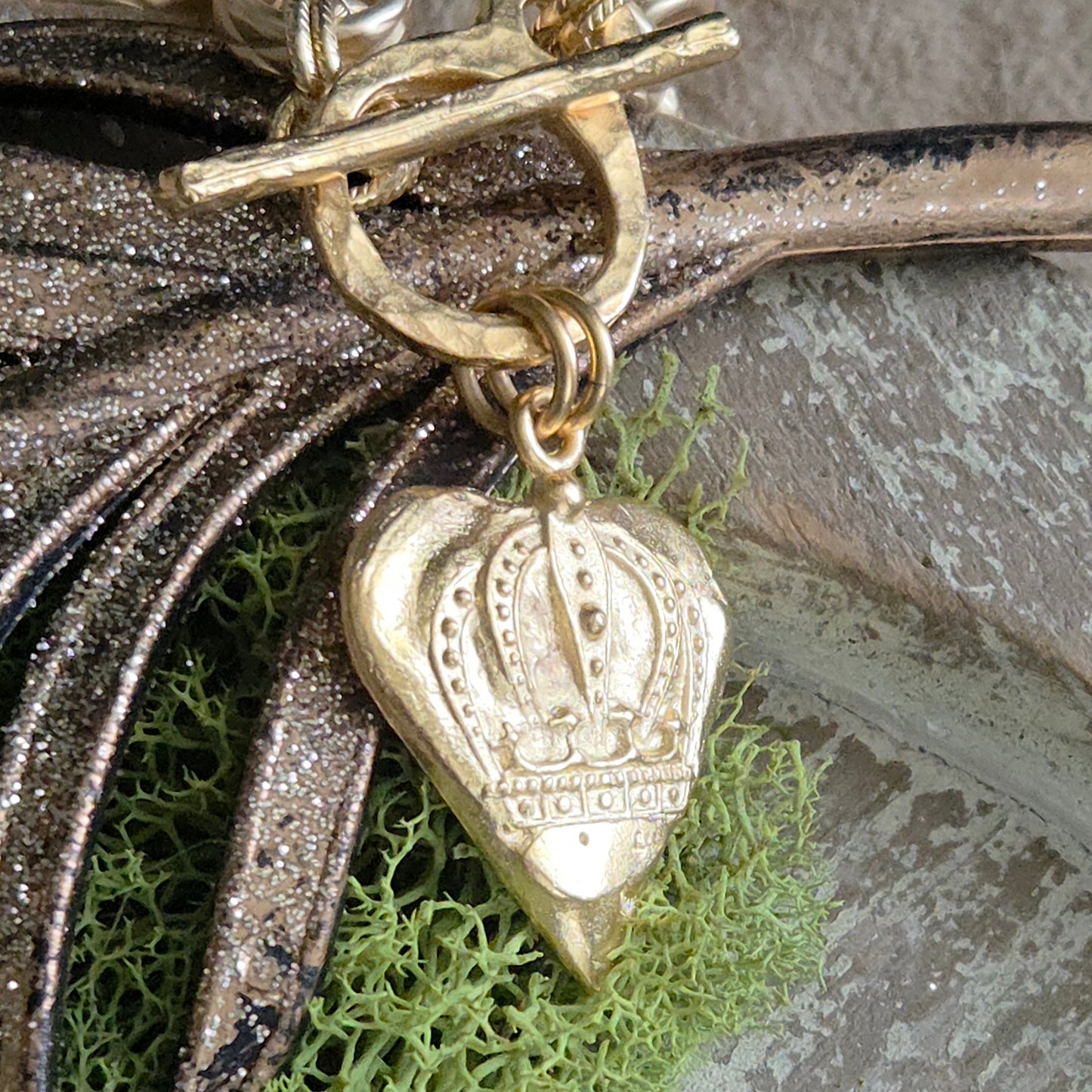 Satin Gold Heavy Link Bracelet w/Old World Boho Crown Heart