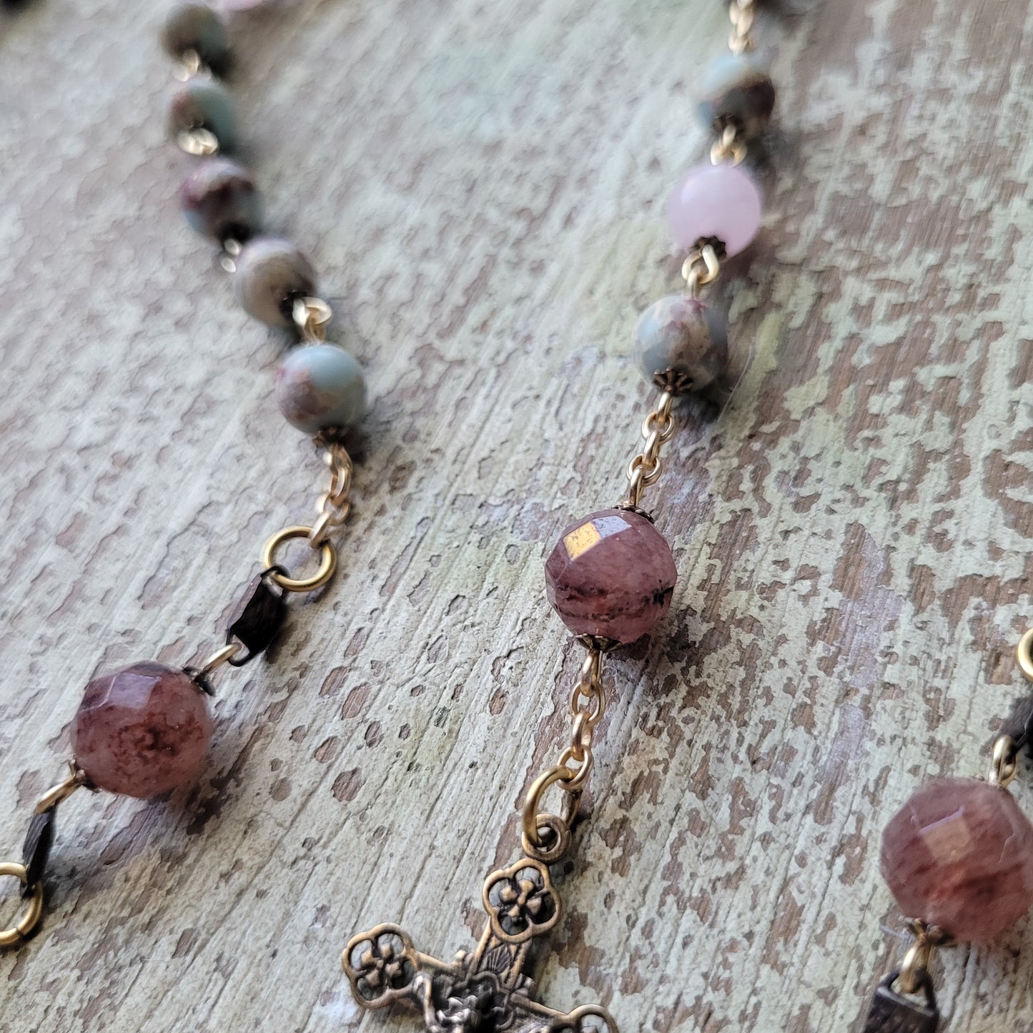 Lourdes, Crucifix, Pink and Blue Rosary Beads