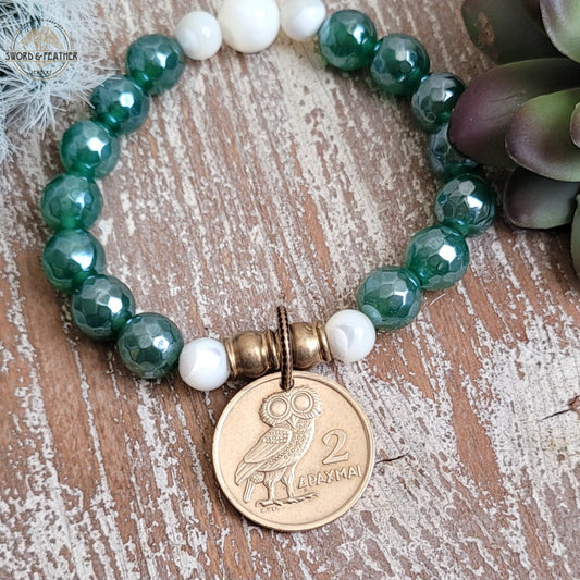 Pearl coated, Emerald Vintage Greek Owl/Phoenix Coin Bracelet