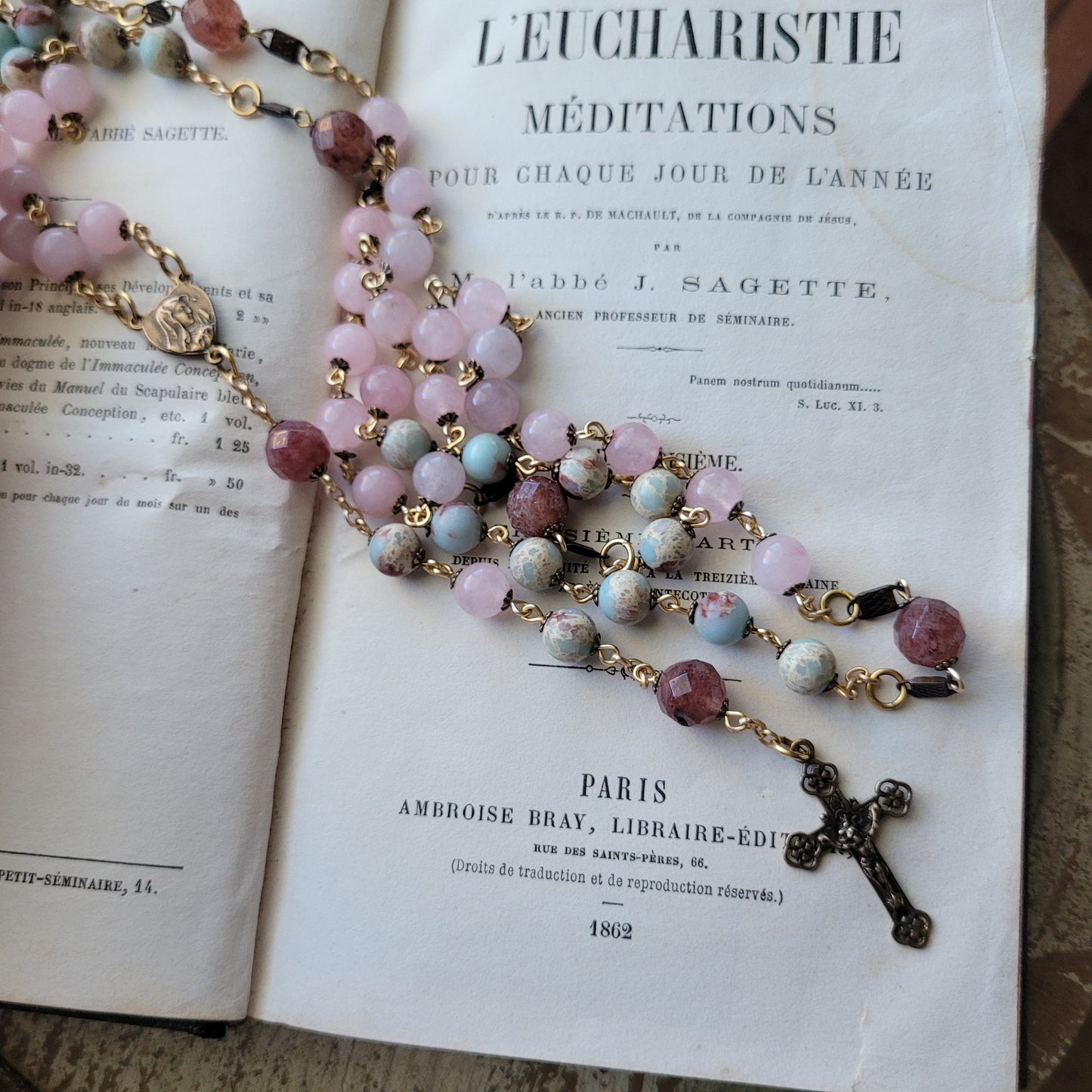 Lourdes, Crucifix, Pink and Blue Rosary Beads