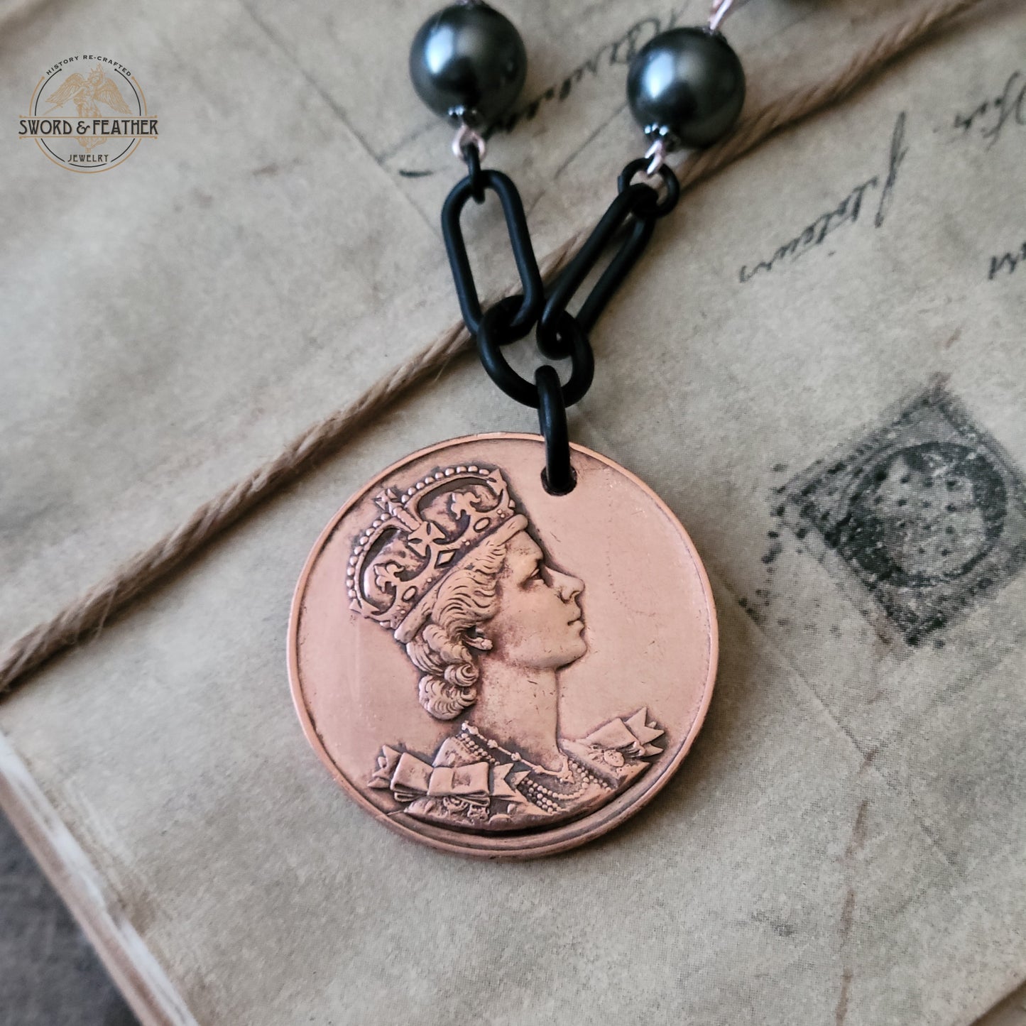 HER MAJESTY - Vintage Queen Elizabeth medal, bohemian style necklace