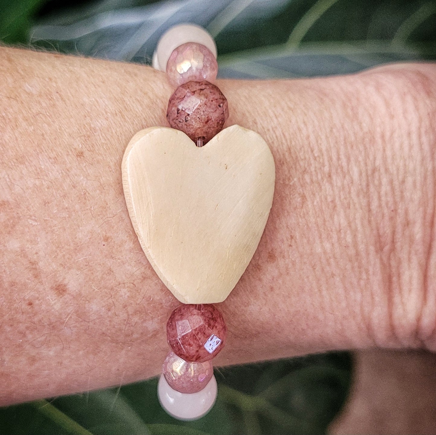 Scarred Heart,  elasticized/stretch boho bracelet, bone heart focal bead Russian Muscovite, Strawberry Quartz, Rise Quartz, Mother-of-pearl,Peruvian Quartz, Titanium Druzy boho bracelet, heart bracelet