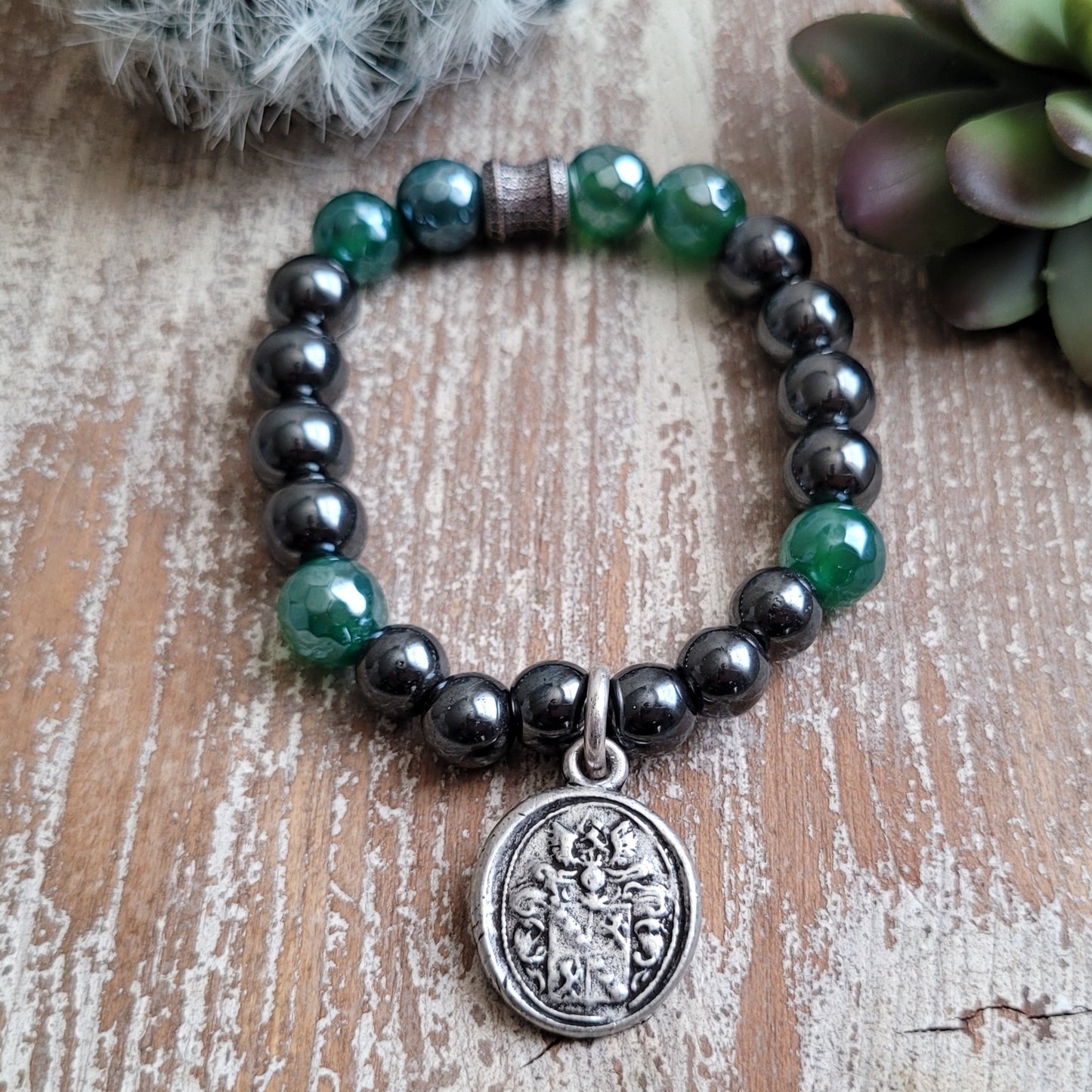 Mystic Emerald Gunmetal boho chic bracelet with Family Shield charm, mystic agate and black Hematite beads, brass Pave CZ focal bead, boho bracelet