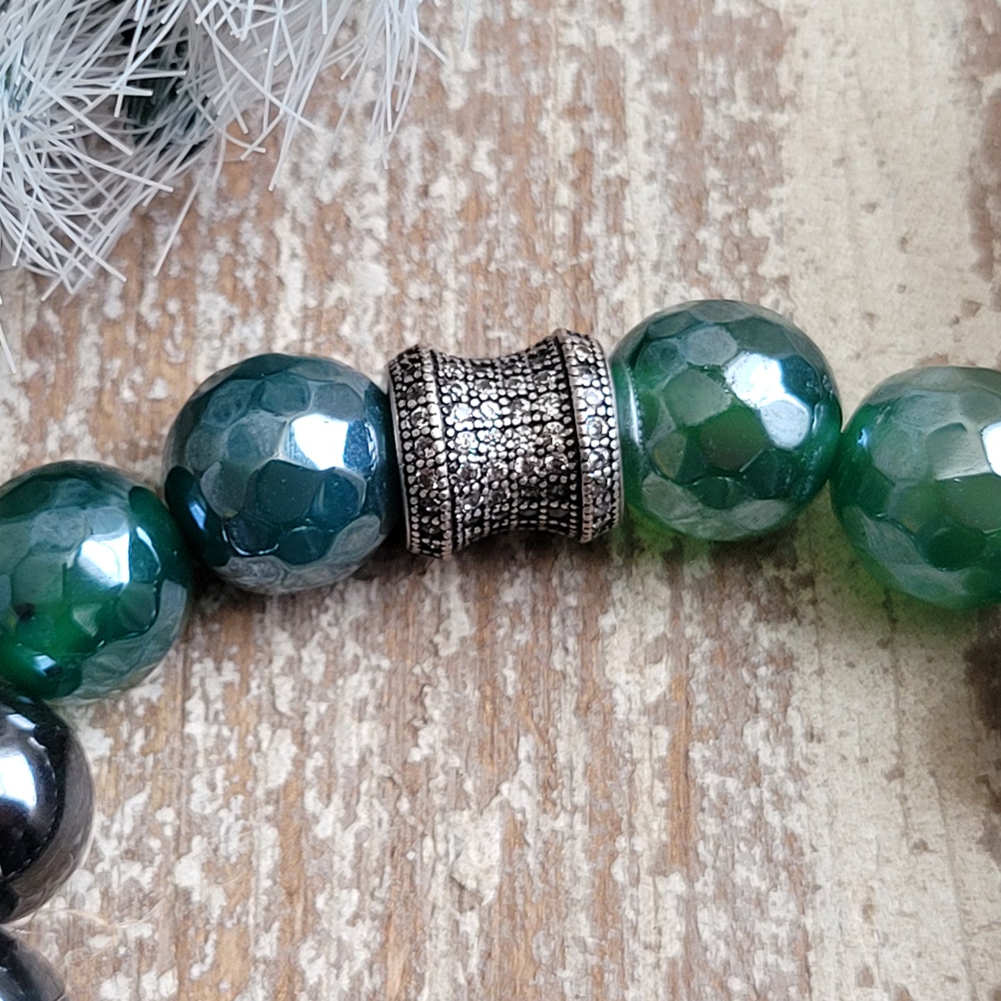 Mystic Emerald Gunmetal boho chic bracelet with Family Shield charm, mystic agate and black Hematite beads, brass Pave CZ focal bead, boho bracelet