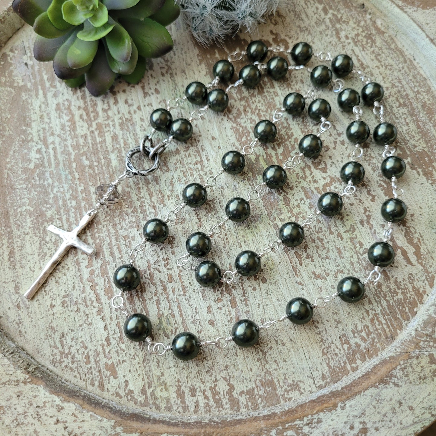 Moss Green Pearl Cross Necklace