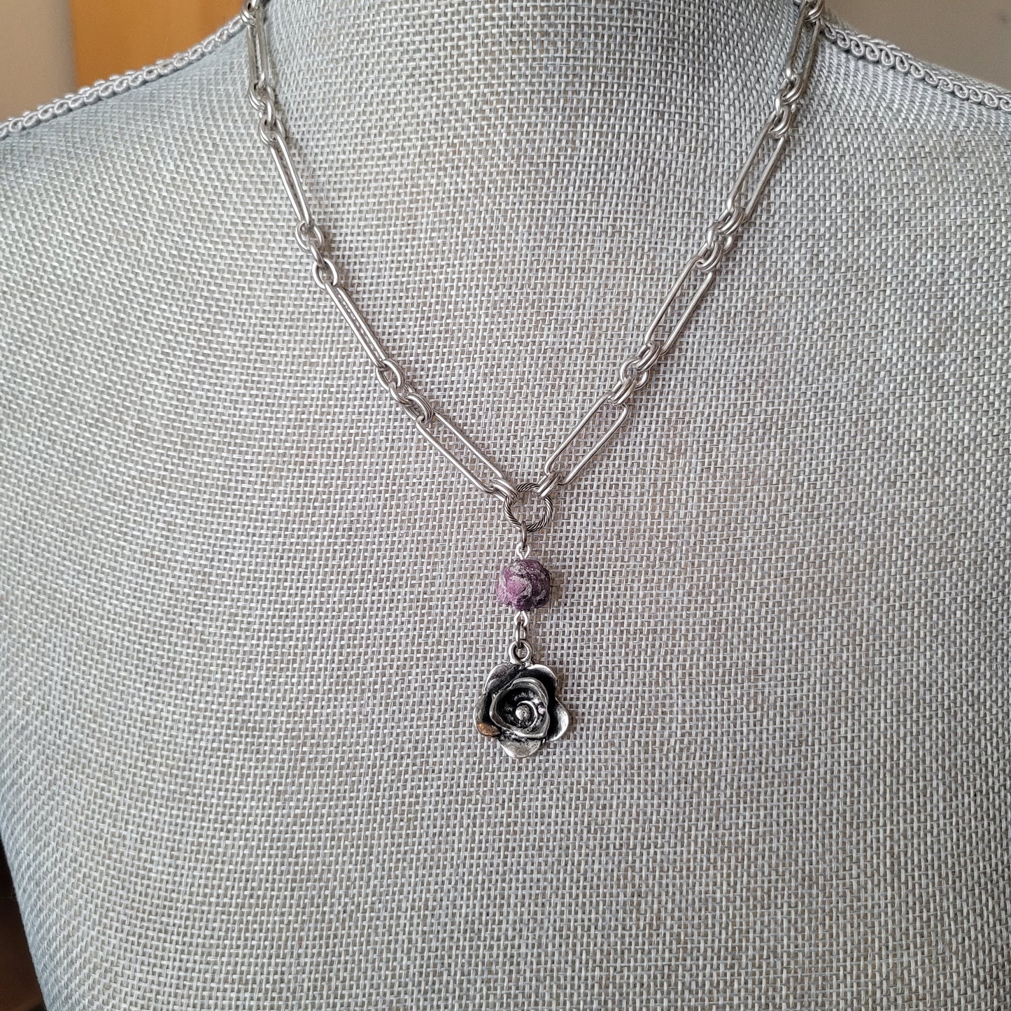 Silver Rose with Raw Ruby Nugget necklace