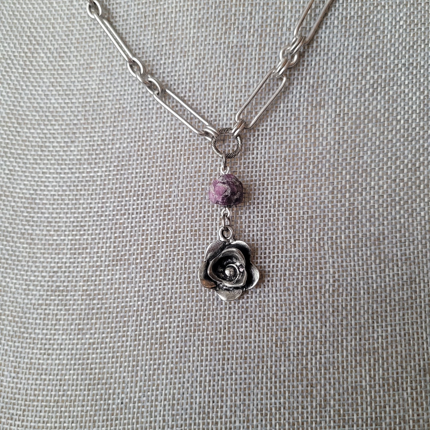 Silver Rose with Raw Ruby Nugget necklace