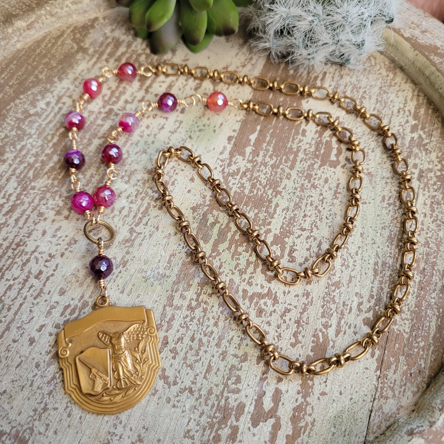 Strength and Grace boho chic necklace, vintage shooting medal with angel statue, pink mystic agate beads